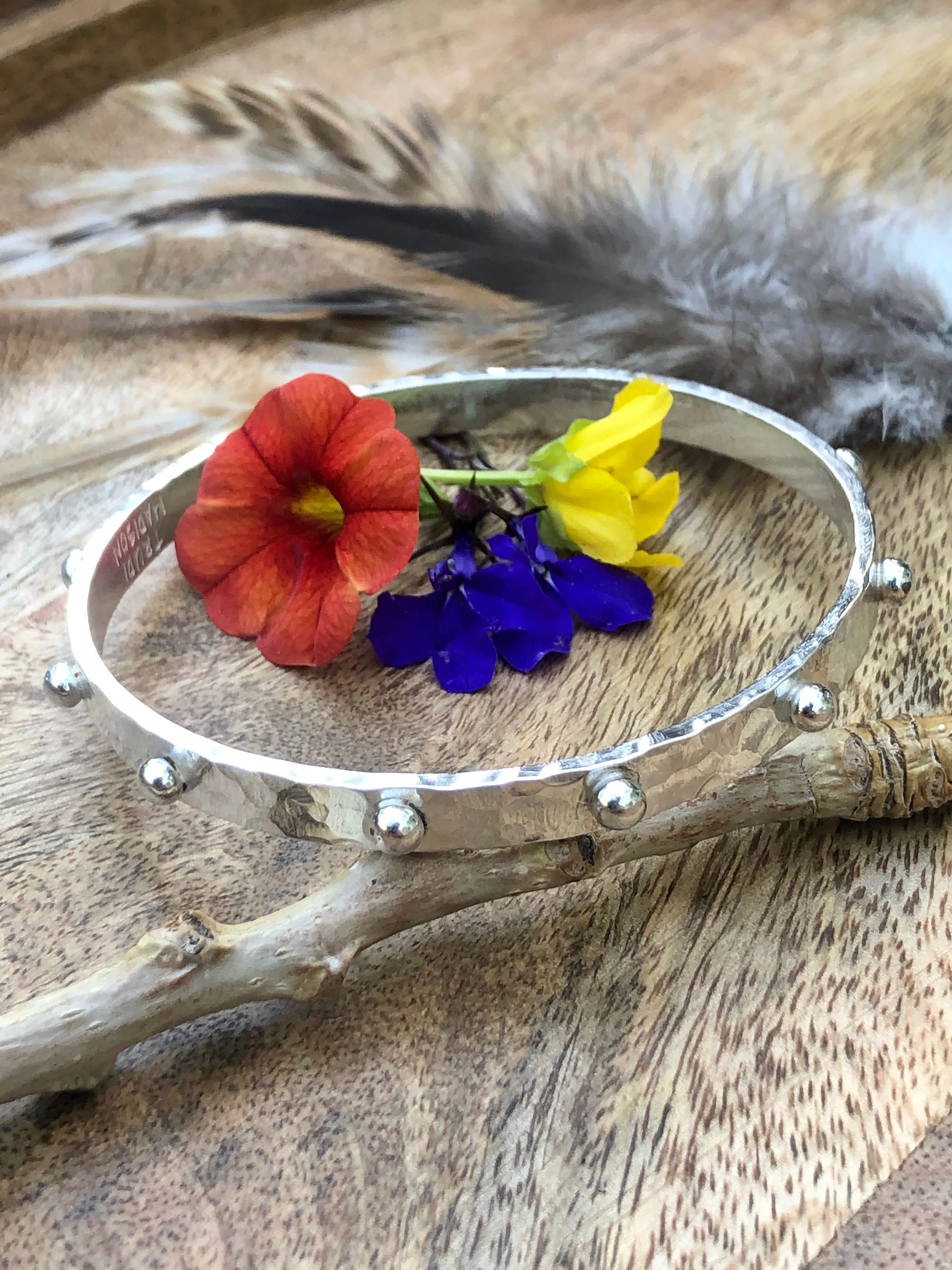 Hobnail Rustic Hammered Bangle Sterling Silver Bracelet