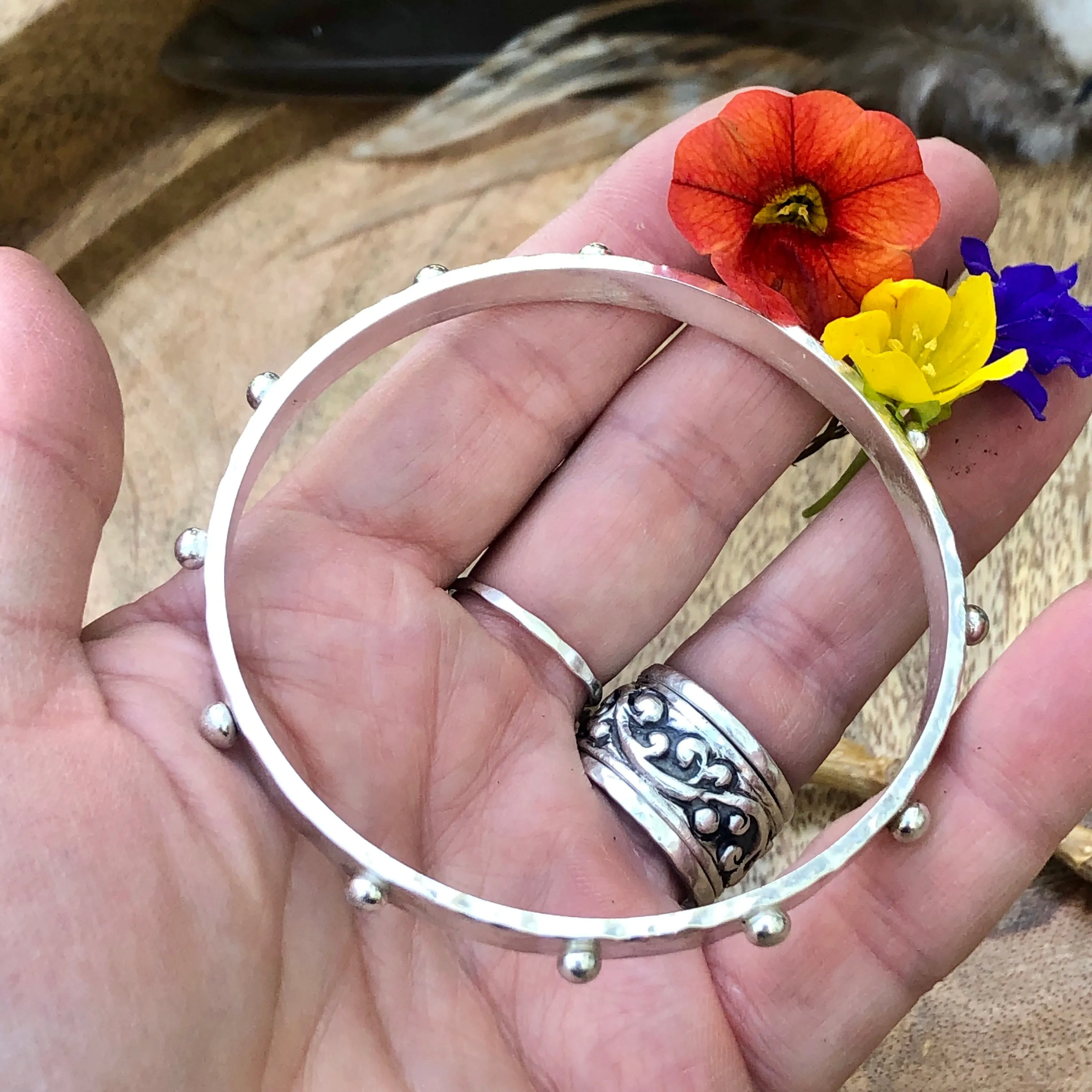 Hobnail Rustic Hammered Bangle Sterling Silver Bracelet