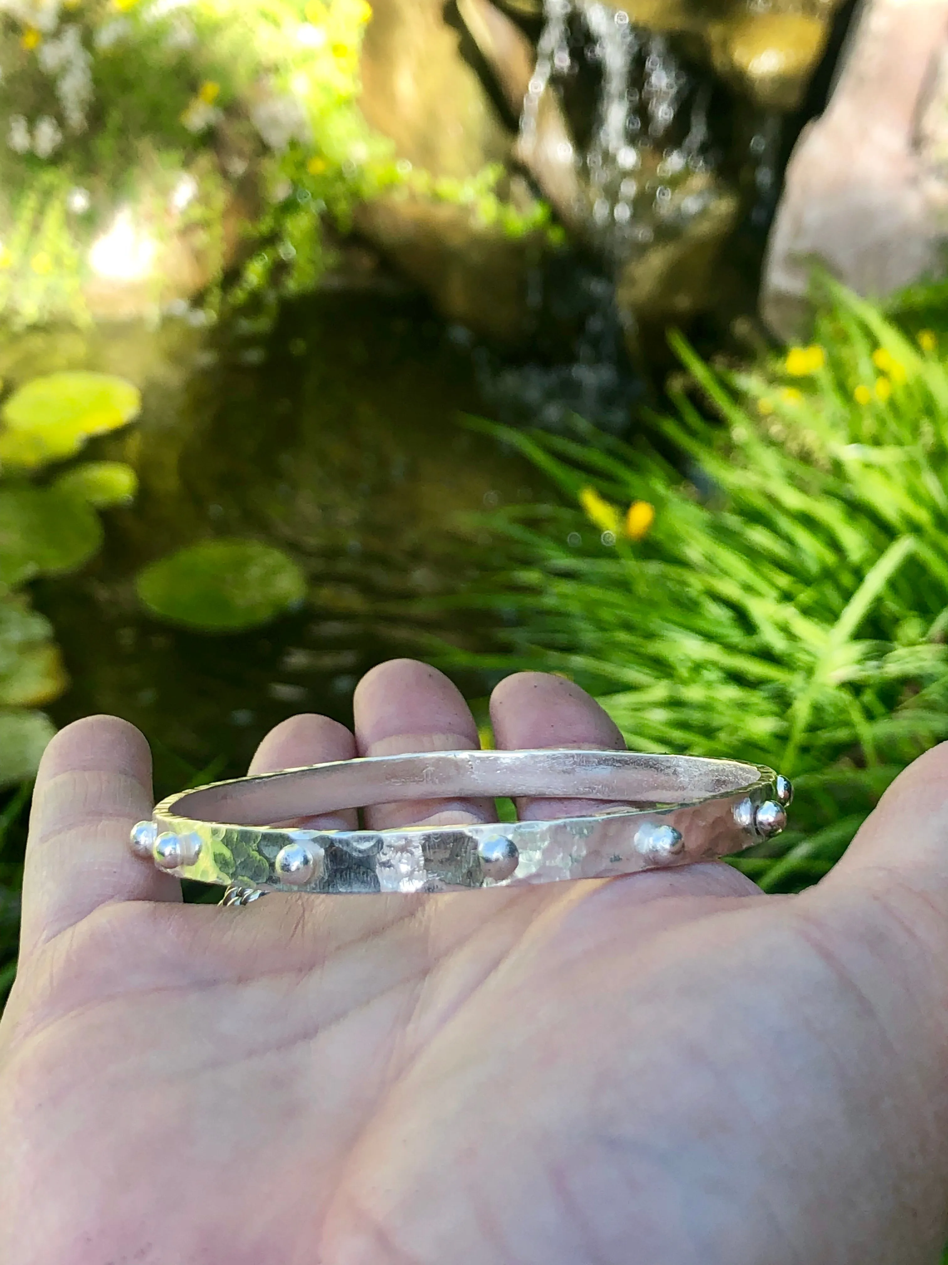 Hobnail Rustic Hammered Bangle Sterling Silver Bracelet