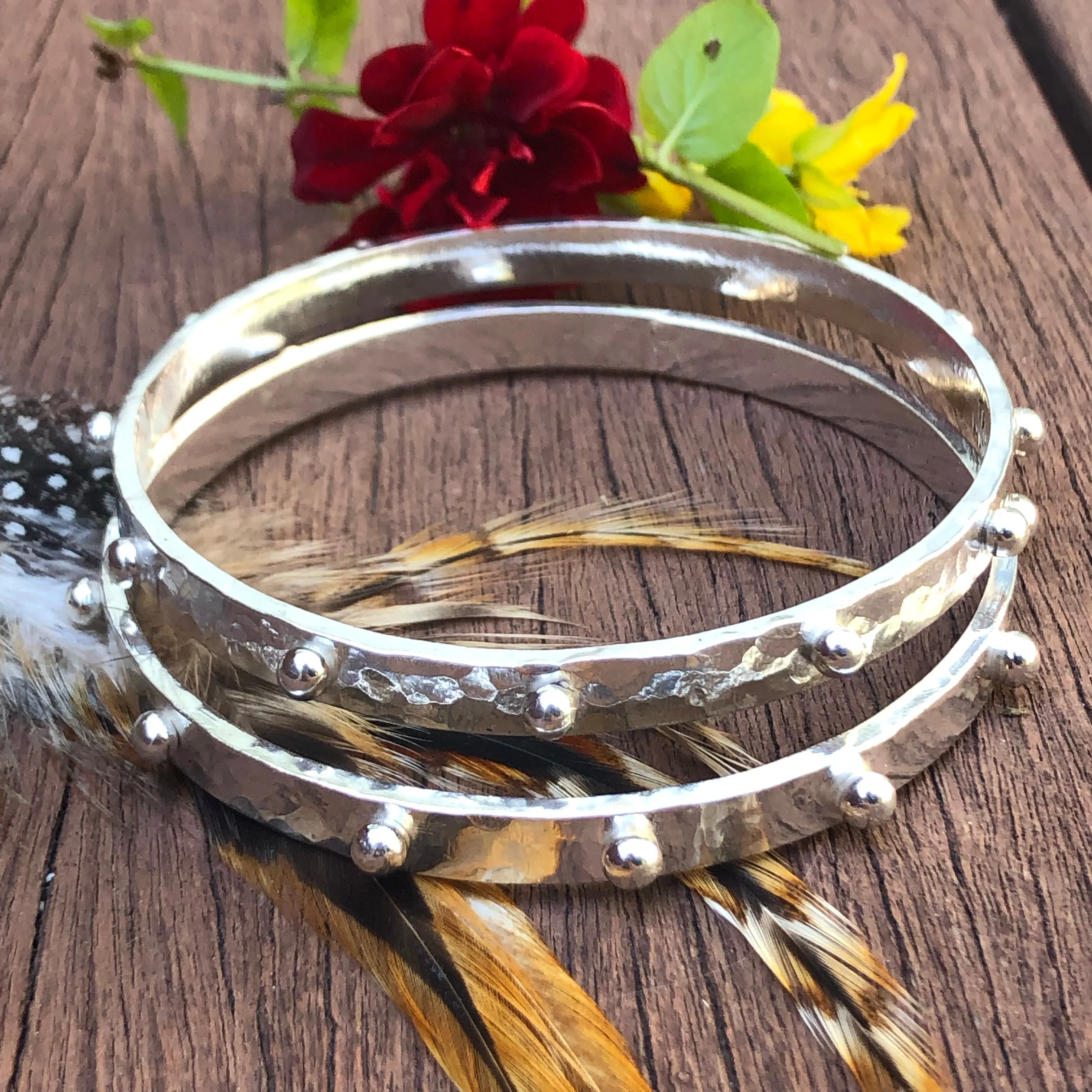 Hobnail Rustic Hammered Bangle Sterling Silver Bracelet