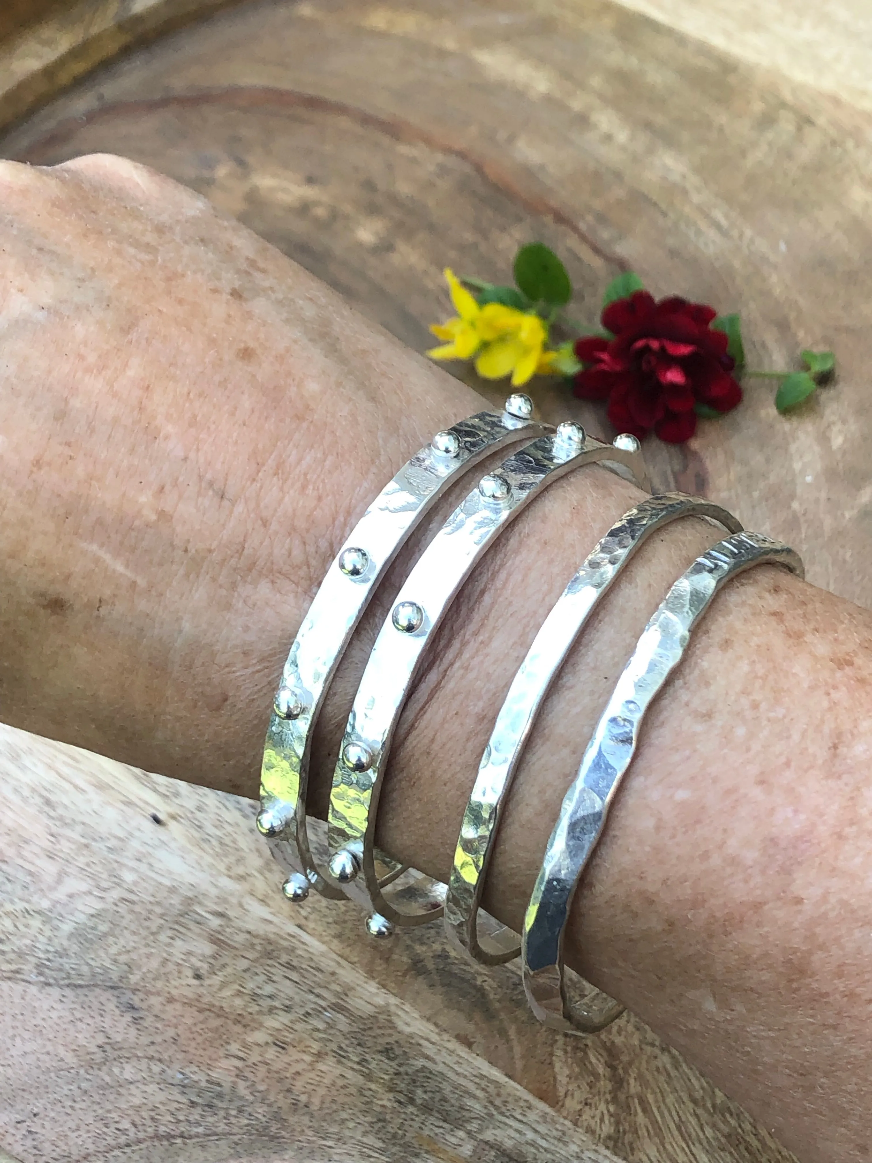 Hobnail Rustic Hammered Bangle Sterling Silver Bracelet
