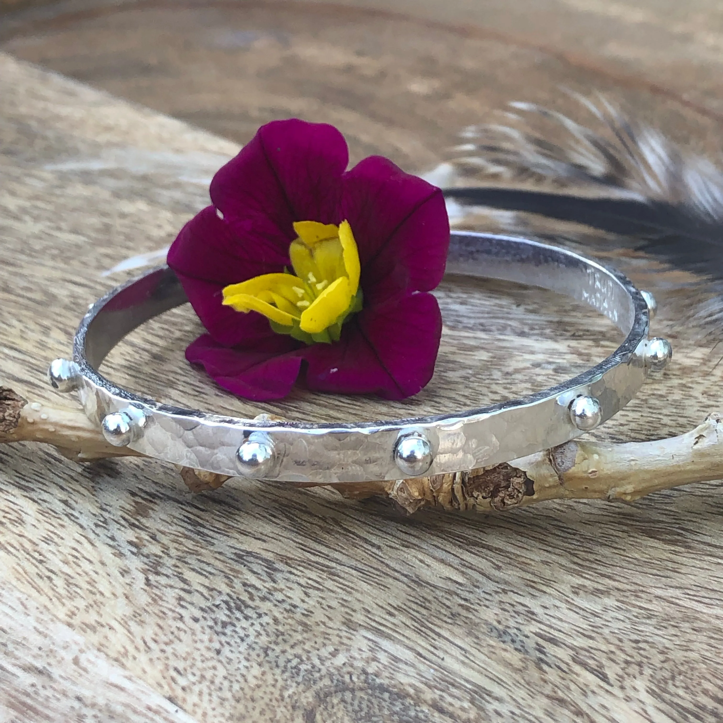 Hobnail Rustic Hammered Bangle Sterling Silver Bracelet