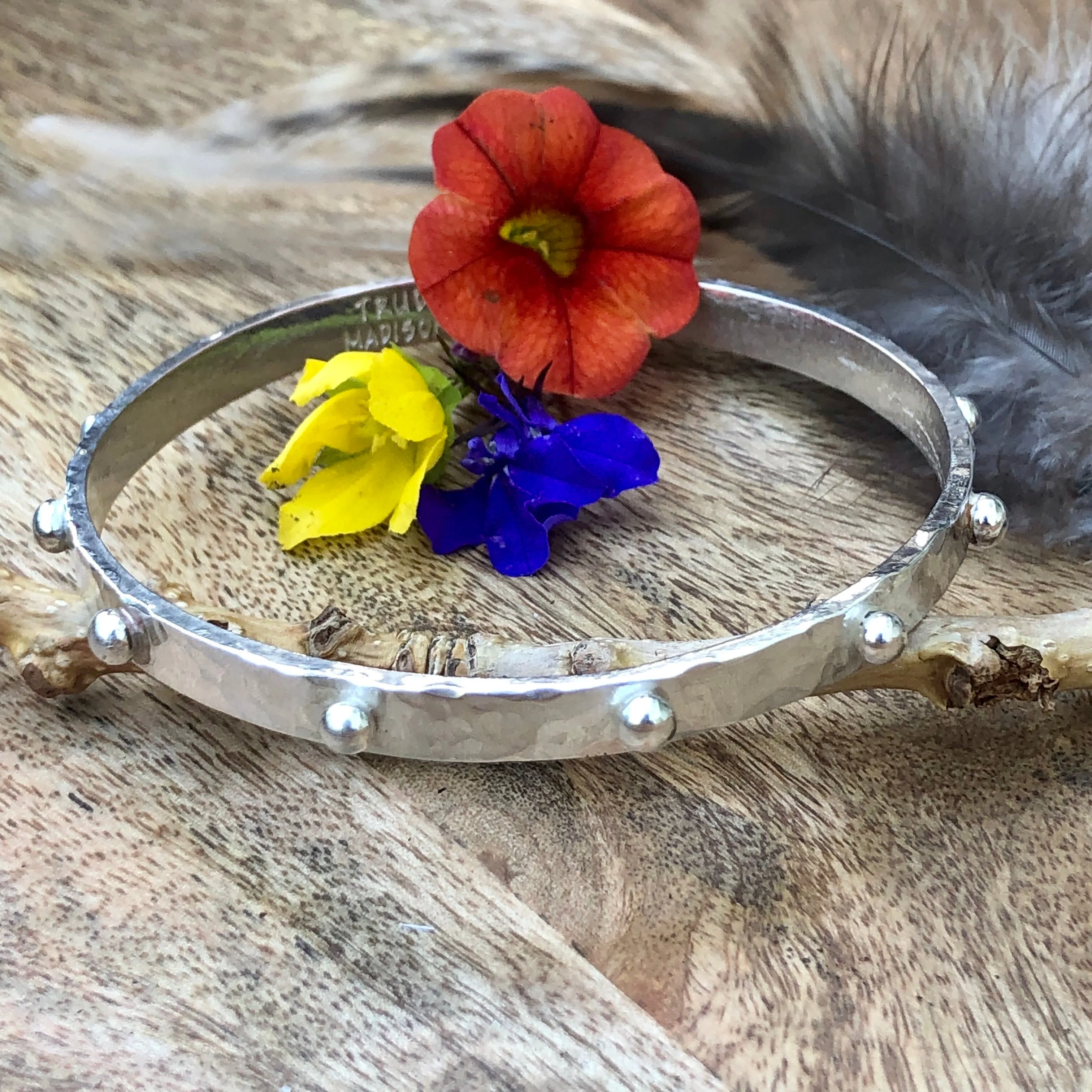 Hobnail Rustic Hammered Bangle Sterling Silver Bracelet