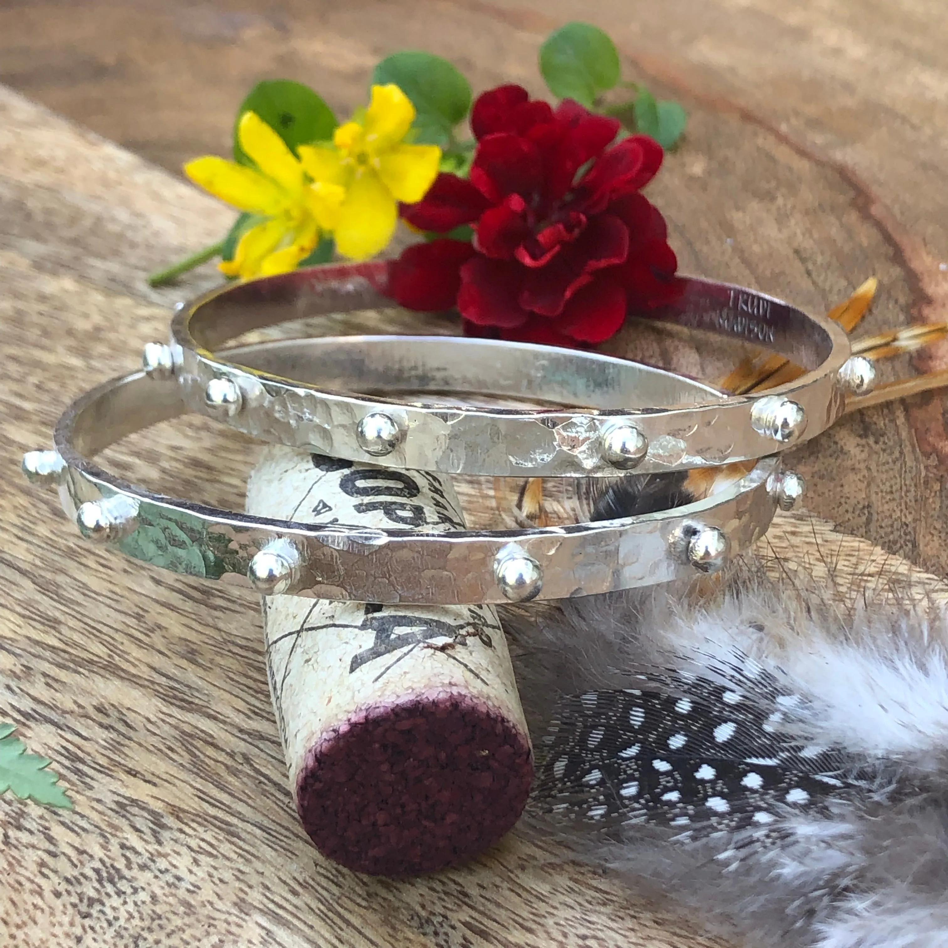 Hobnail Rustic Hammered Bangle Sterling Silver Bracelet