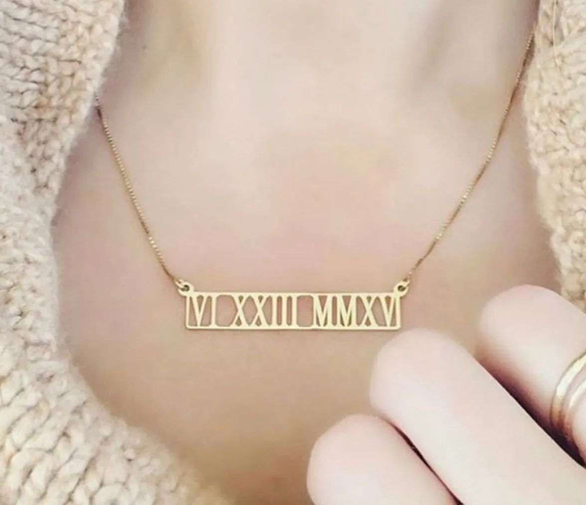 Hollow Roman Numeral Bar Necklace