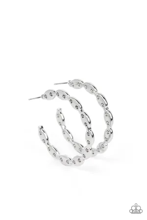 Impressive Innovation - Silver - Connected Flat Bead Paparazzi Hoop Earrings