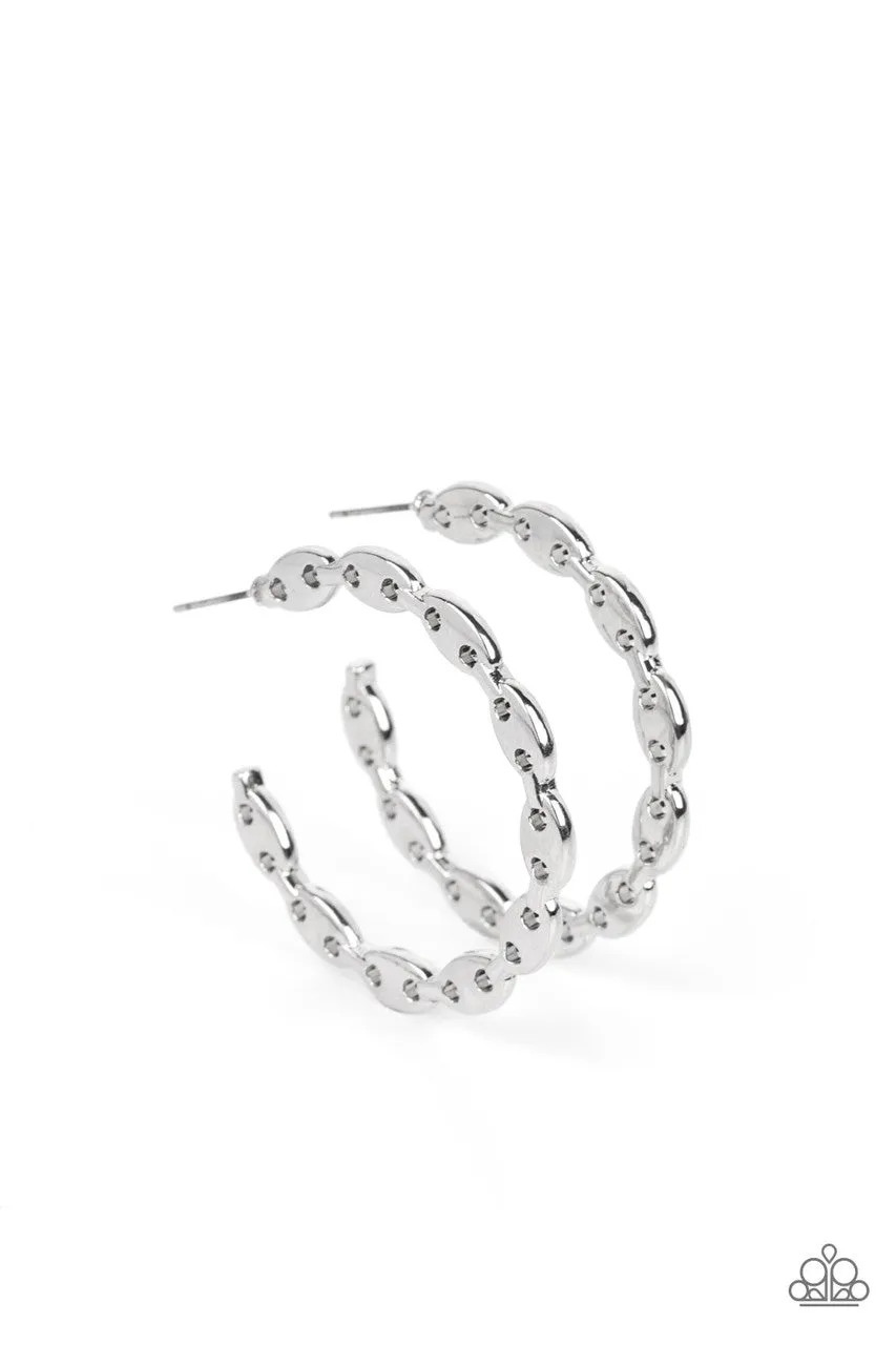 Impressive Innovation - Silver - Connected Flat Bead Paparazzi Hoop Earrings