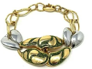 Italian 14k Two Tone Gold Enamel Heart Charm Bracelet 7" 16 grams