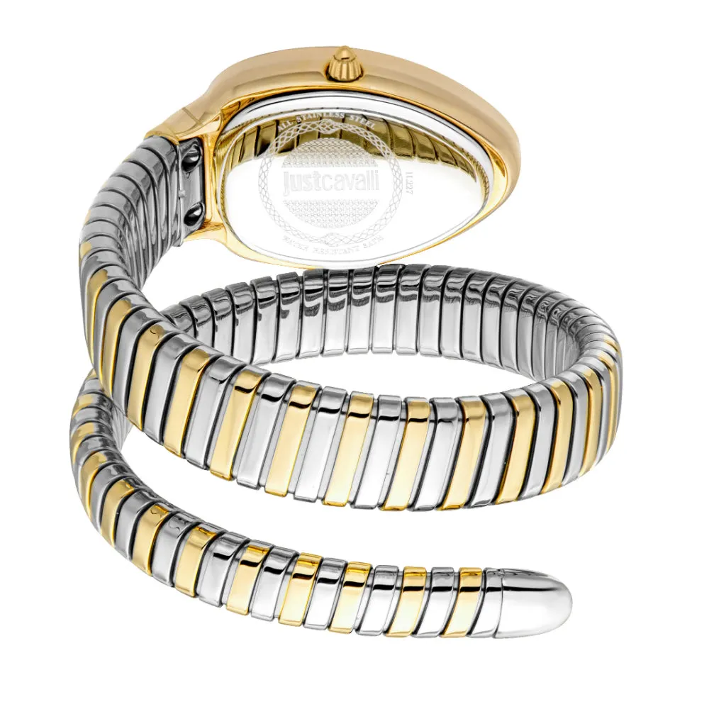 Just Cavalli Snake Shape Women's Gold Watch with Two Tone Bracelet and White MOP Dial