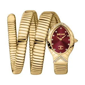 Just Cavalli Snake Shape Women's Watch - Gold Color Case, Red Dial, Gold Color Bracelet