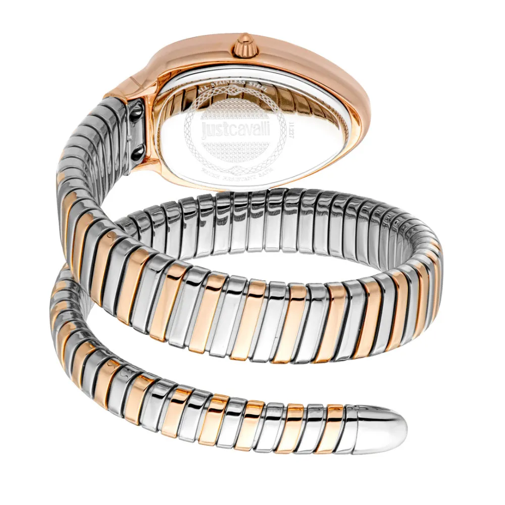 Just Cavalli Snake Shape Women's Watch - Rose Gold Color Case, Dark Blue Dial, Two Tone Bracelet