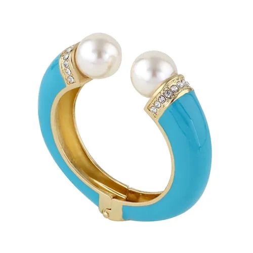 KAYMEN New Fashion Women 6 Colors Double Imitation Pearls and Rhinestones Enamels Bracelet Statement Bangle BR-03155 wholesale