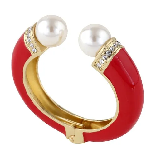 KAYMEN New Fashion Women 6 Colors Double Imitation Pearls and Rhinestones Enamels Bracelet Statement Bangle BR-03155 wholesale