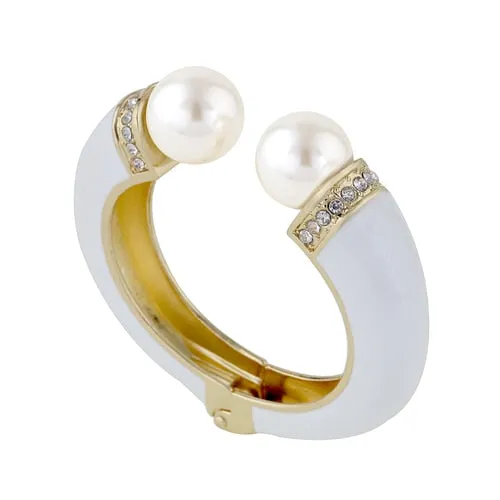 KAYMEN New Fashion Women 6 Colors Double Imitation Pearls and Rhinestones Enamels Bracelet Statement Bangle BR-03155 wholesale