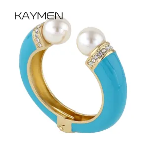 KAYMEN New Fashion Women 6 Colors Double Imitation Pearls and Rhinestones Enamels Bracelet Statement Bangle BR-03155 wholesale