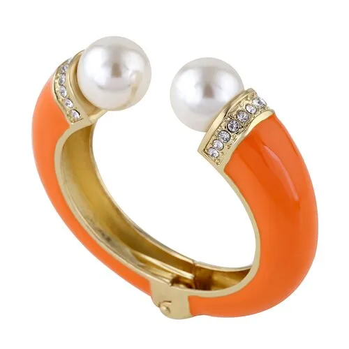 KAYMEN New Fashion Women 6 Colors Double Imitation Pearls and Rhinestones Enamels Bracelet Statement Bangle BR-03155 wholesale