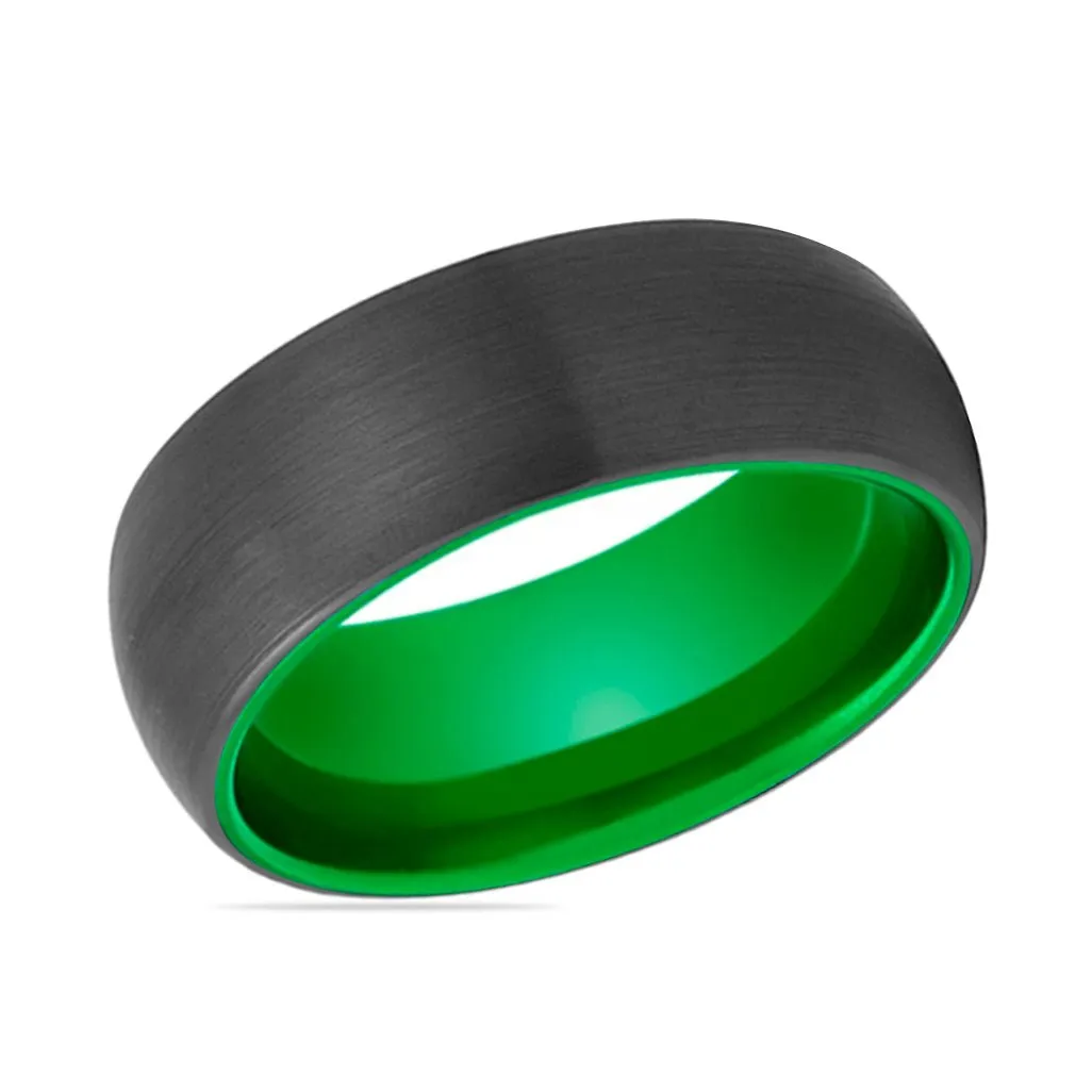 LAMBO | Green Ring, Black Tungsten Ring, Brushed, Domed