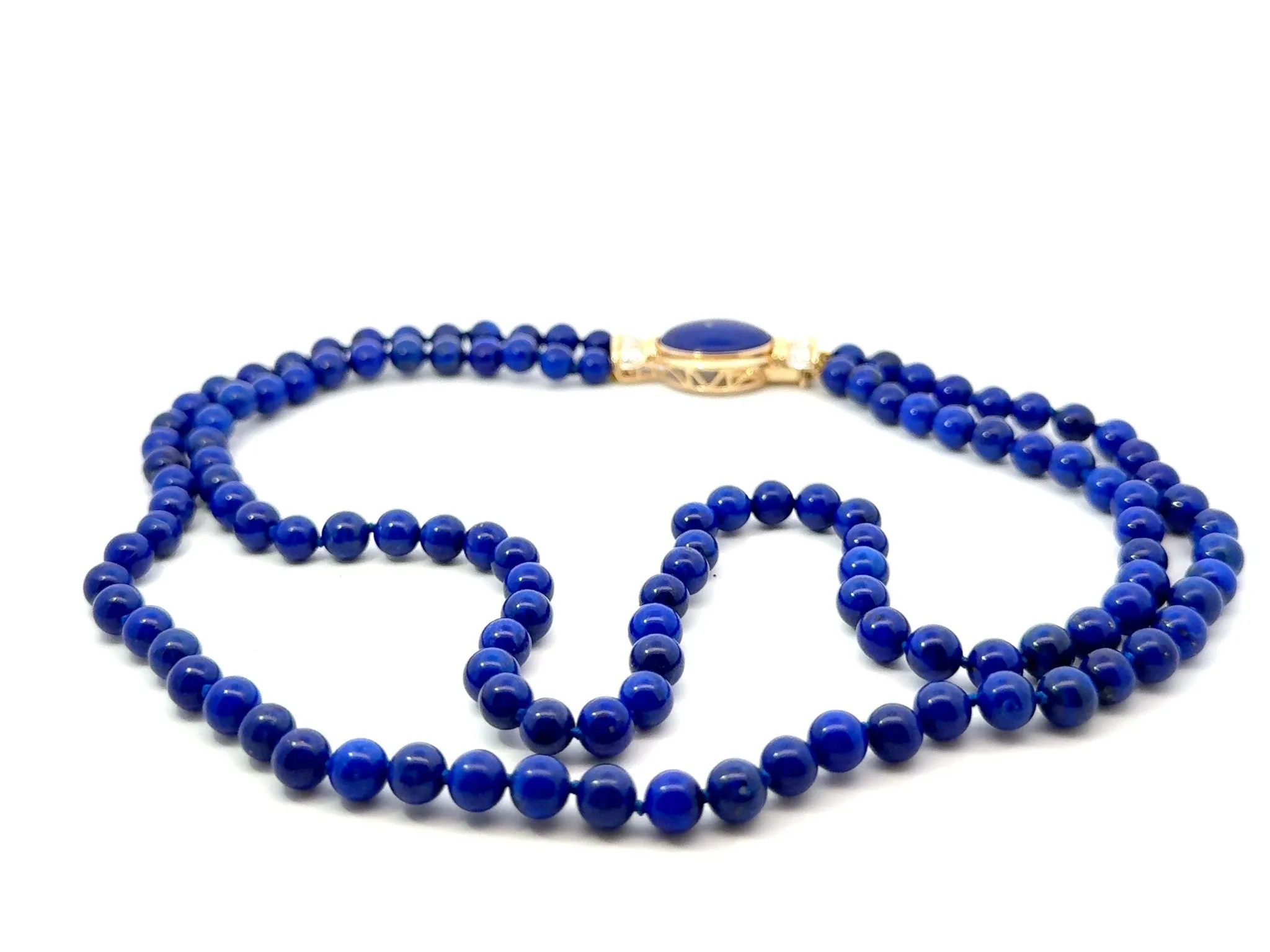 Lapis Lazuli Double Stranded Beaded Necklace Diamond Clasp 14k Yellow Gold