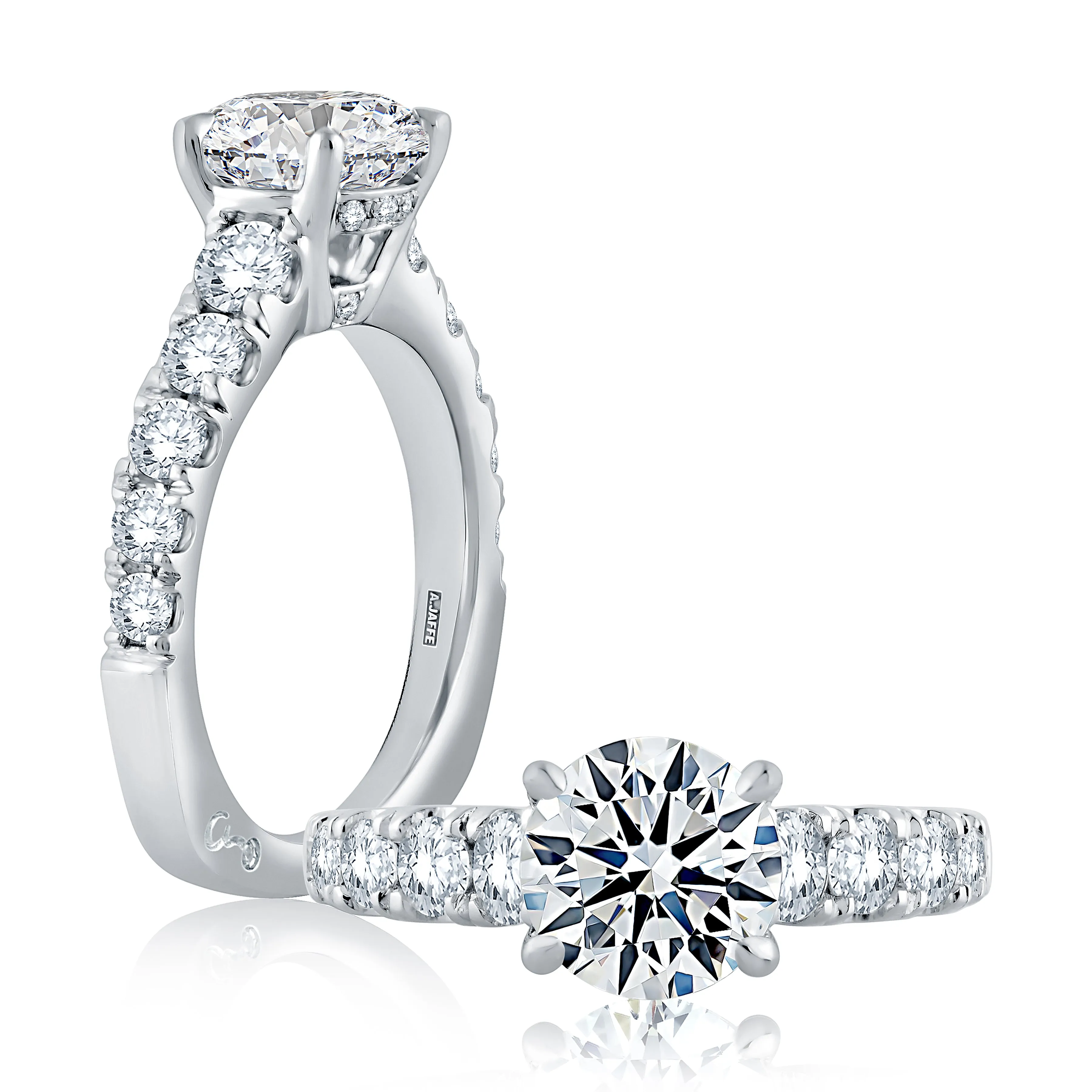 Large Melee Round Center Solitaire Signature Shank Engagement Ring