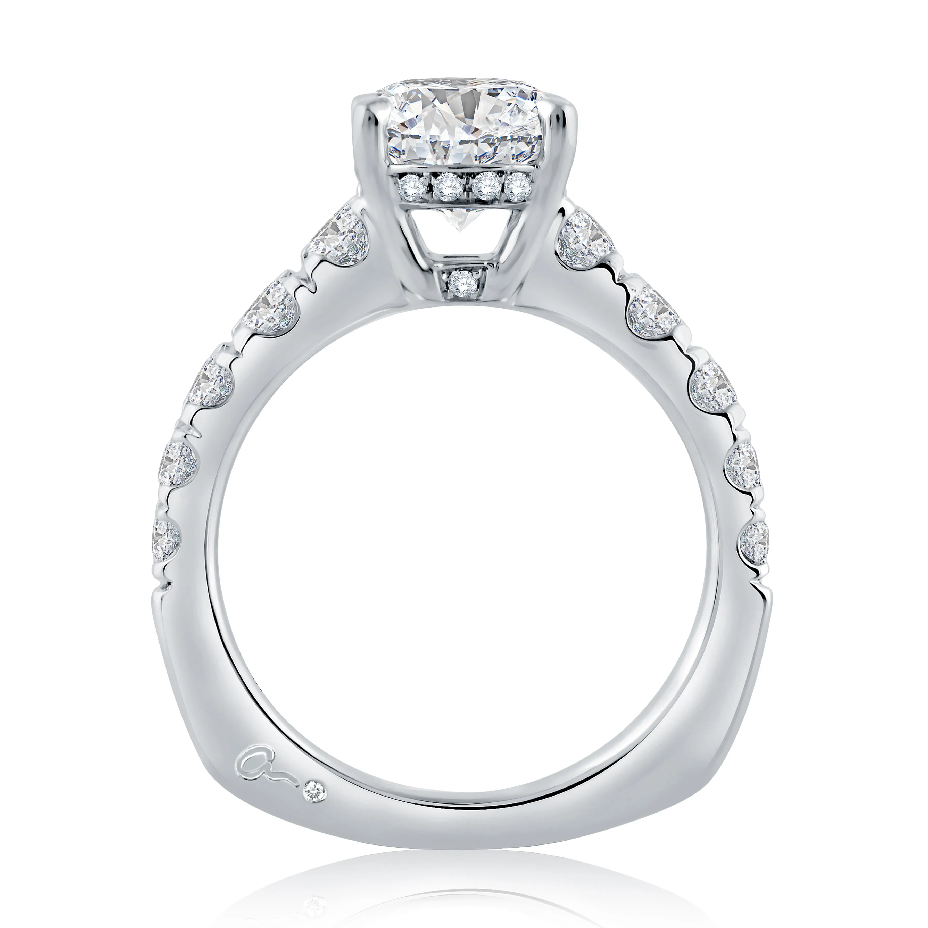 Large Melee Round Center Solitaire Signature Shank Engagement Ring