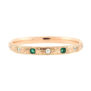 Late Victorian 14k Diamond and Emerald Etched Bangle