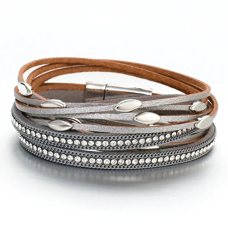 Leaf Charm Pink Leather Bracelets for Women Men  Crystal Chain Boho Multilayer Wrap Bracelet Femme Jewelry