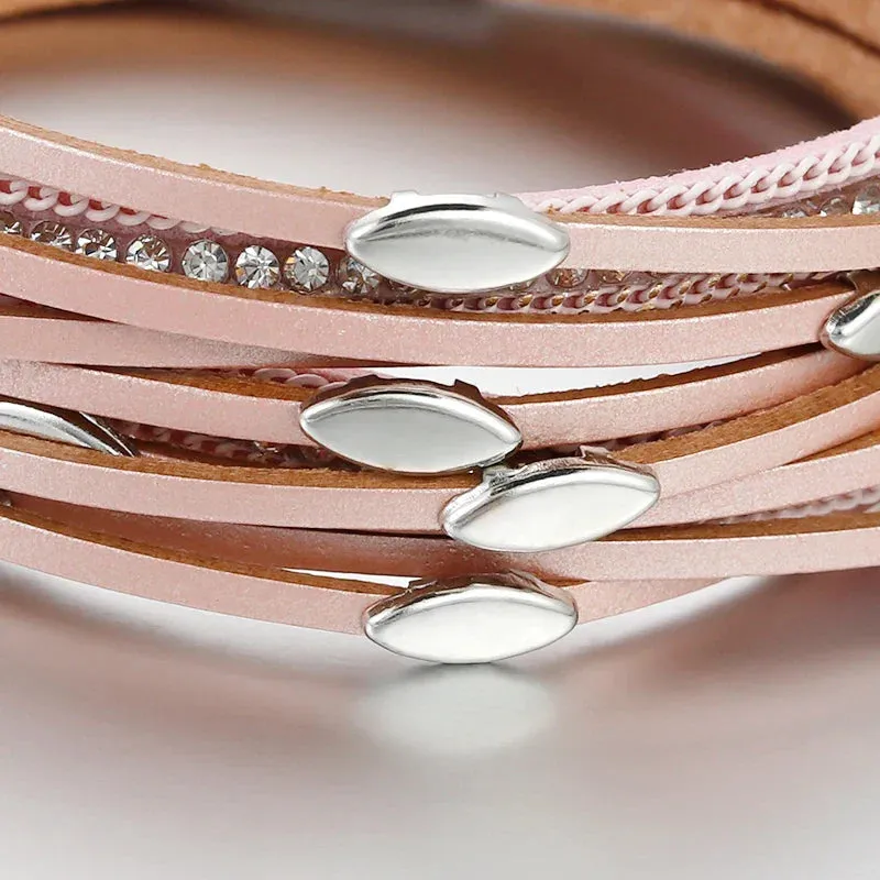 Leaf Charm Pink Leather Bracelets for Women Men  Crystal Chain Boho Multilayer Wrap Bracelet Femme Jewelry