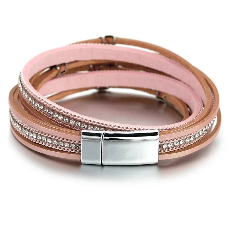 Leaf Charm Pink Leather Bracelets for Women Men  Crystal Chain Boho Multilayer Wrap Bracelet Femme Jewelry