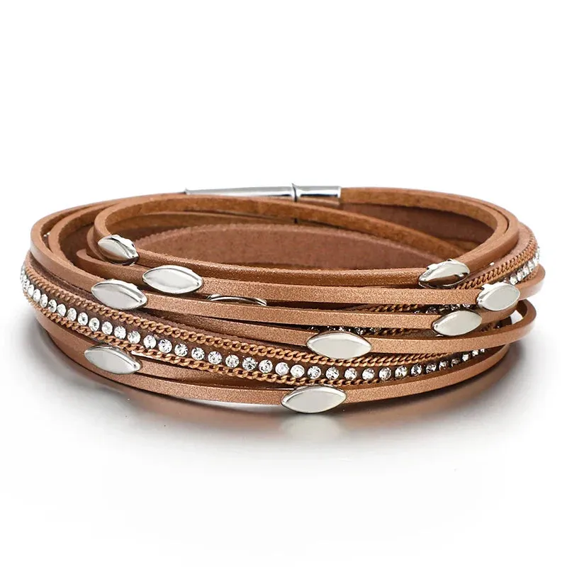 Leaf Charm Pink Leather Bracelets for Women Men  Crystal Chain Boho Multilayer Wrap Bracelet Femme Jewelry