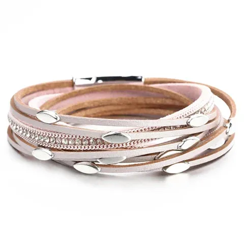 Leaf Charm Pink Leather Bracelets for Women Men  Crystal Chain Boho Multilayer Wrap Bracelet Femme Jewelry