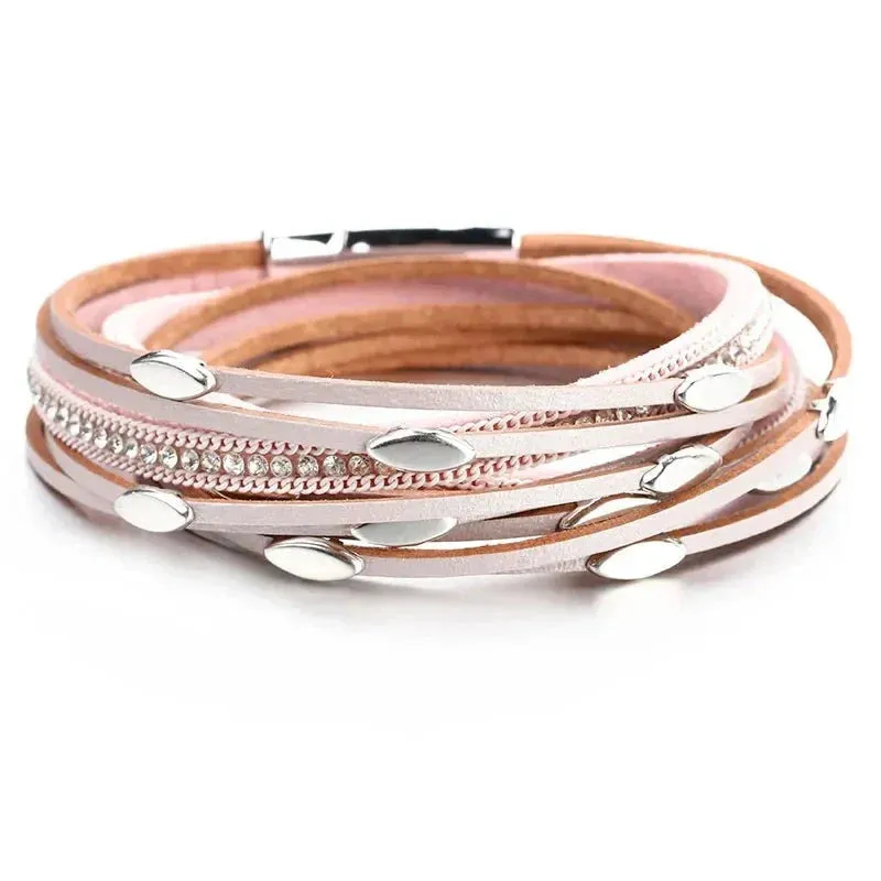 Leaf Charm Pink Leather Bracelets for Women Men  Crystal Chain Boho Multilayer Wrap Bracelet Femme Jewelry