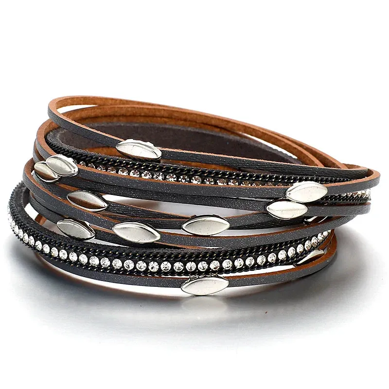 Leaf Charm Pink Leather Bracelets for Women Men  Crystal Chain Boho Multilayer Wrap Bracelet Femme Jewelry