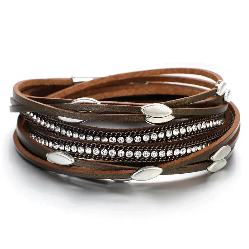 Leaf Charm Pink Leather Bracelets for Women Men  Crystal Chain Boho Multilayer Wrap Bracelet Femme Jewelry