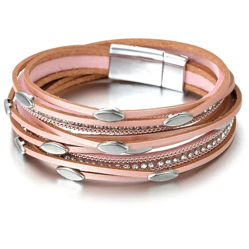 Leaf Charm Pink Leather Bracelets for Women Men  Crystal Chain Boho Multilayer Wrap Bracelet Femme Jewelry