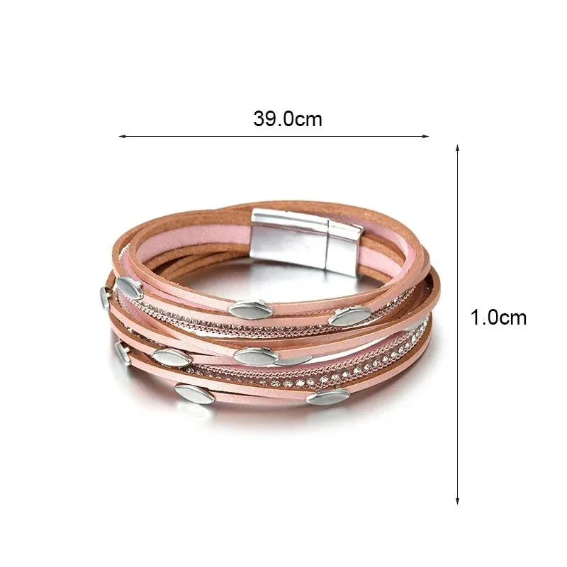 Leaf Charm Pink Leather Bracelets for Women Men  Crystal Chain Boho Multilayer Wrap Bracelet Femme Jewelry