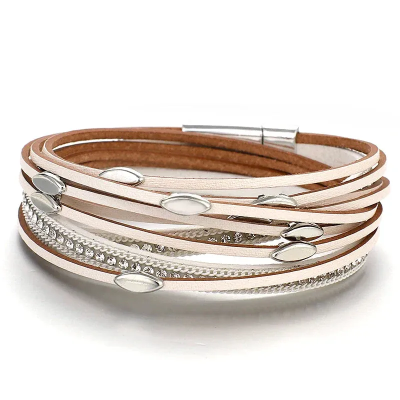 Leaf Charm Pink Leather Bracelets for Women Men  Crystal Chain Boho Multilayer Wrap Bracelet Femme Jewelry