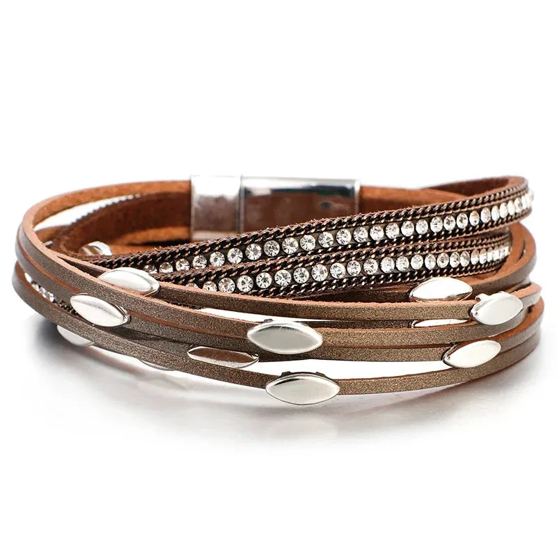 Leaf Charm Pink Leather Bracelets for Women Men  Crystal Chain Boho Multilayer Wrap Bracelet Femme Jewelry