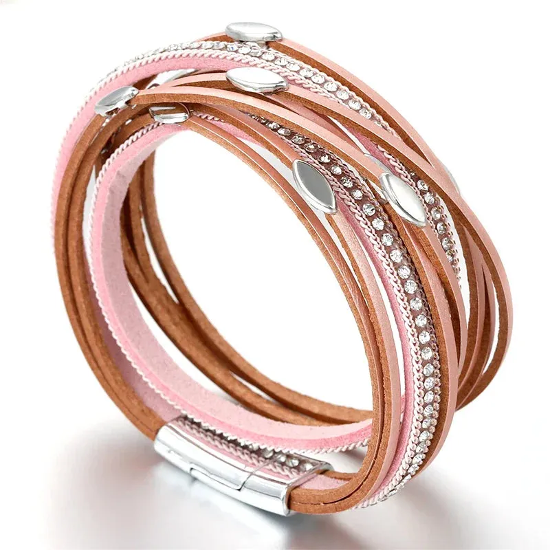 Leaf Charm Pink Leather Bracelets for Women Men  Crystal Chain Boho Multilayer Wrap Bracelet Femme Jewelry