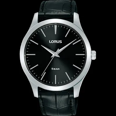 Lorus Mens Black Leather Strap Black Dial Watch 50M