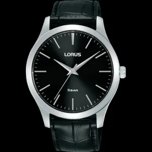 Lorus Mens Black Leather Strap Black Dial Watch 50M