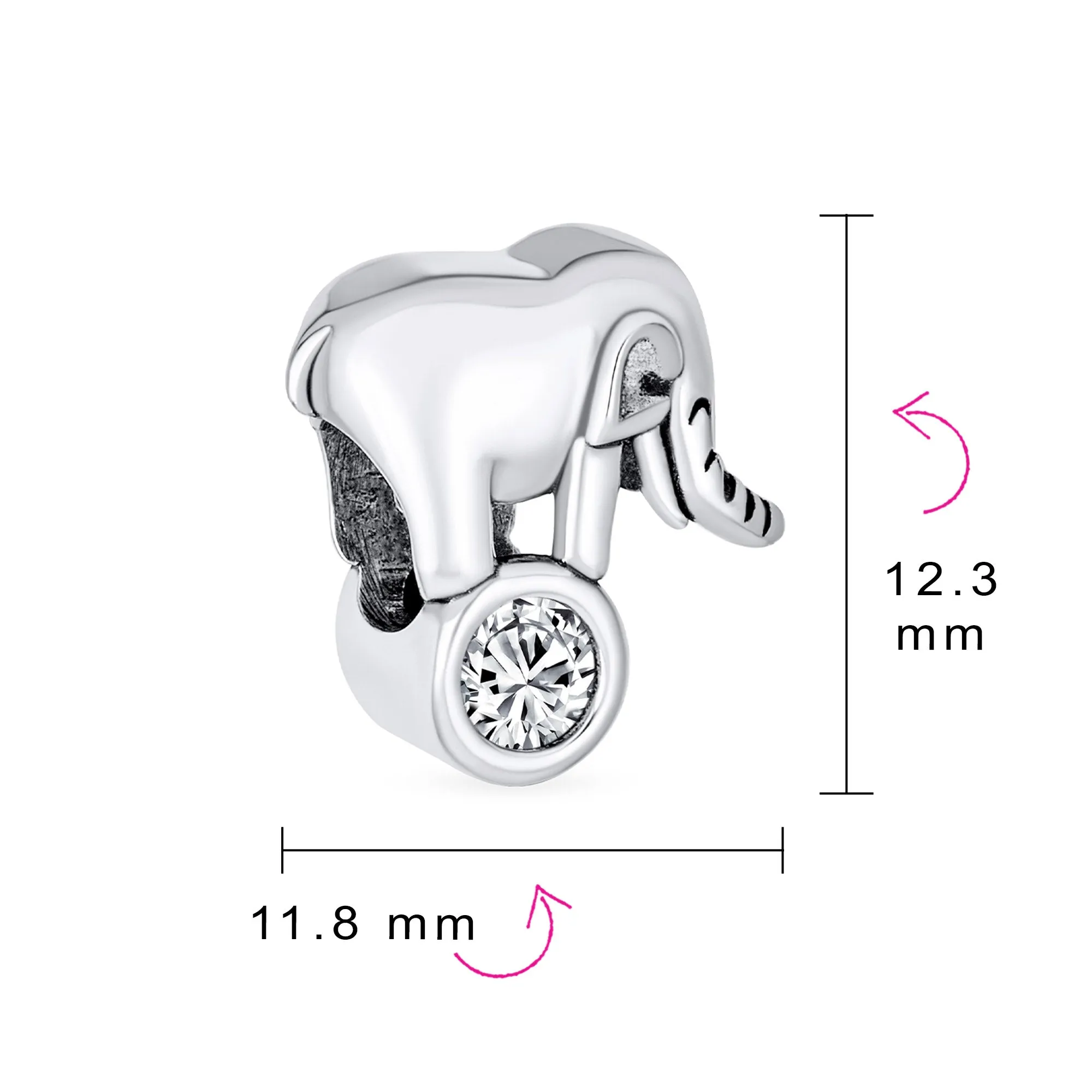 Lucky Elephant Charm Bead with CZ in Sterling Silver for European Bracelets