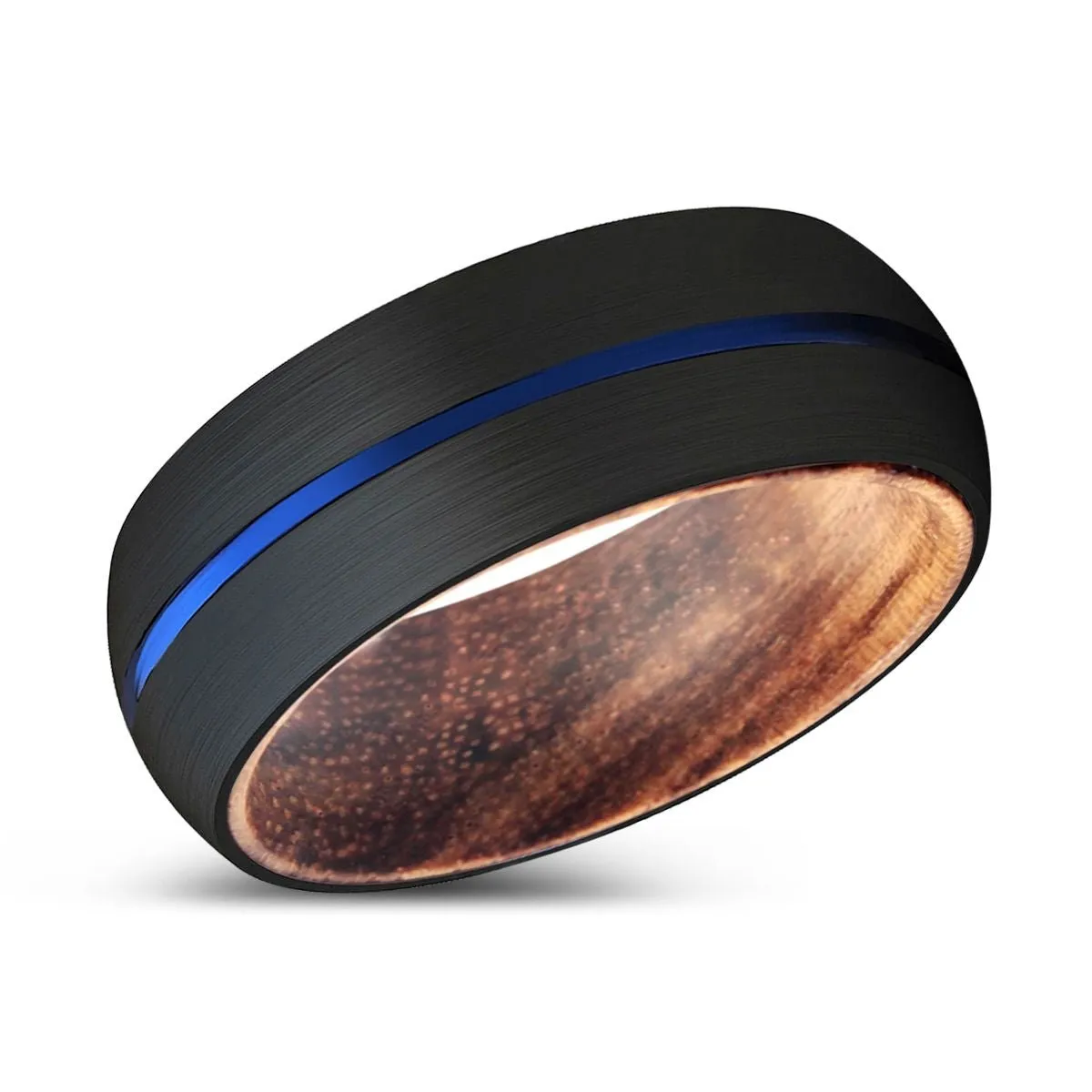 MARCELLO | Zebra Wood, Black Tungsten Ring, Blue Groove, Domed