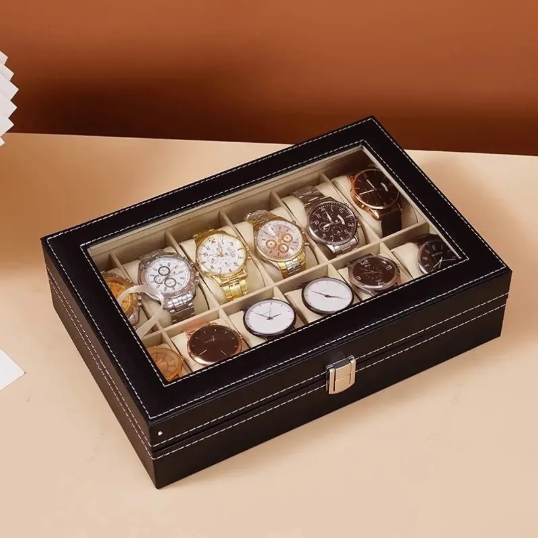 Mason | Watch Display Box – PU Leather Organizer Case with Glass Lid (2–20 Slots)