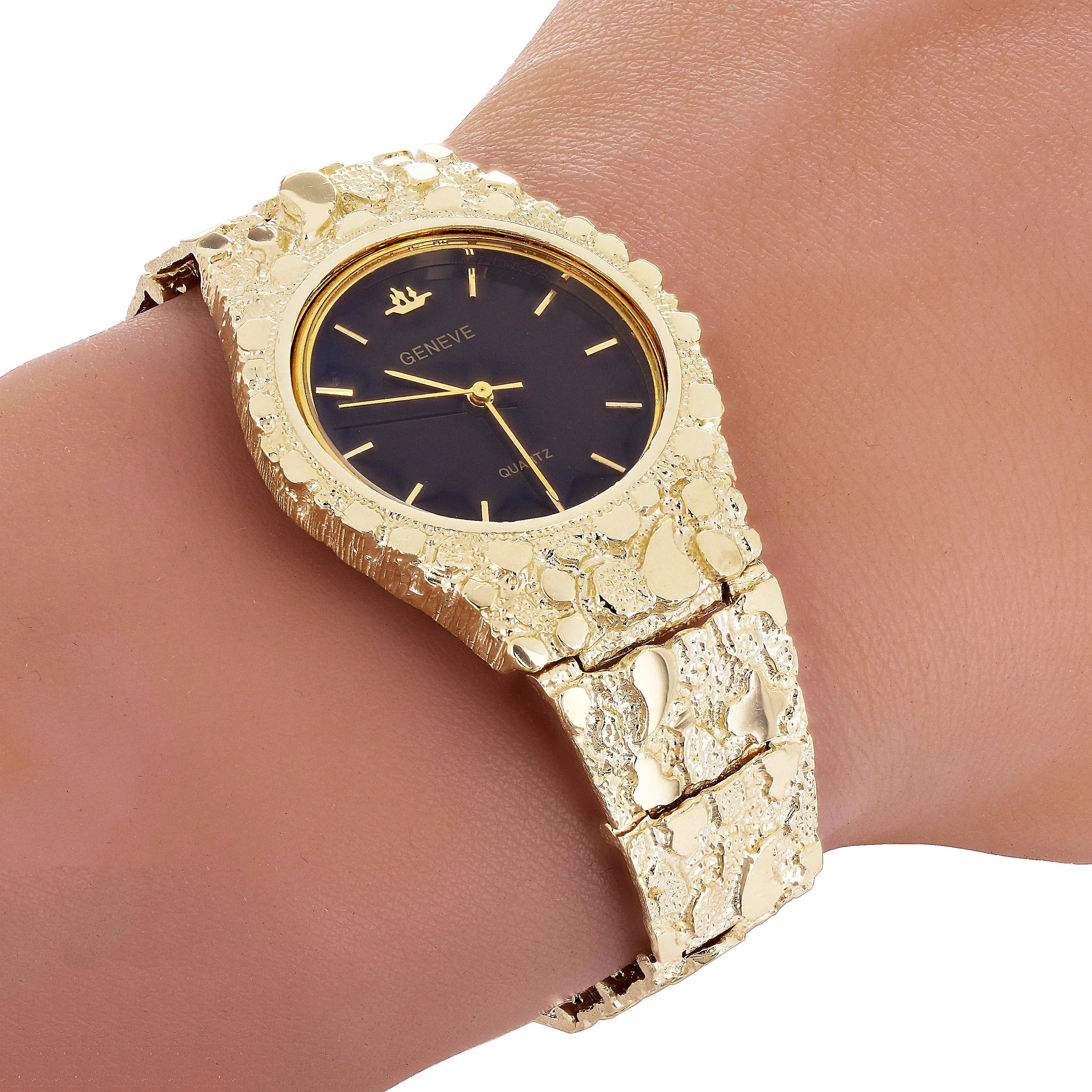 Men's 14k Yellow Gold Nugget Link Geneve Wrist Watch Adjustable 7-7.5" 53 grams