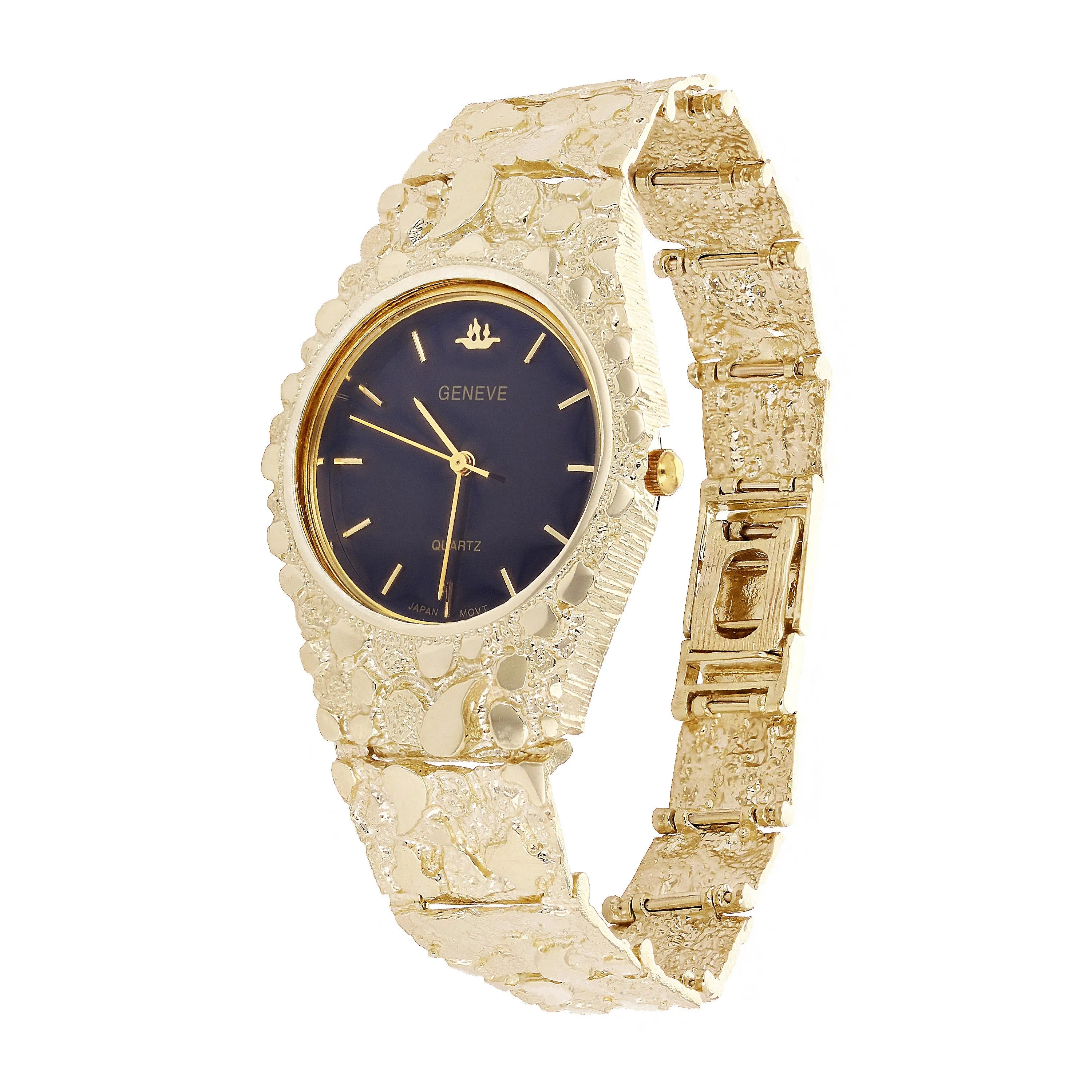 Men's 14k Yellow Gold Nugget Link Geneve Wrist Watch Adjustable 7-7.5" 53 grams