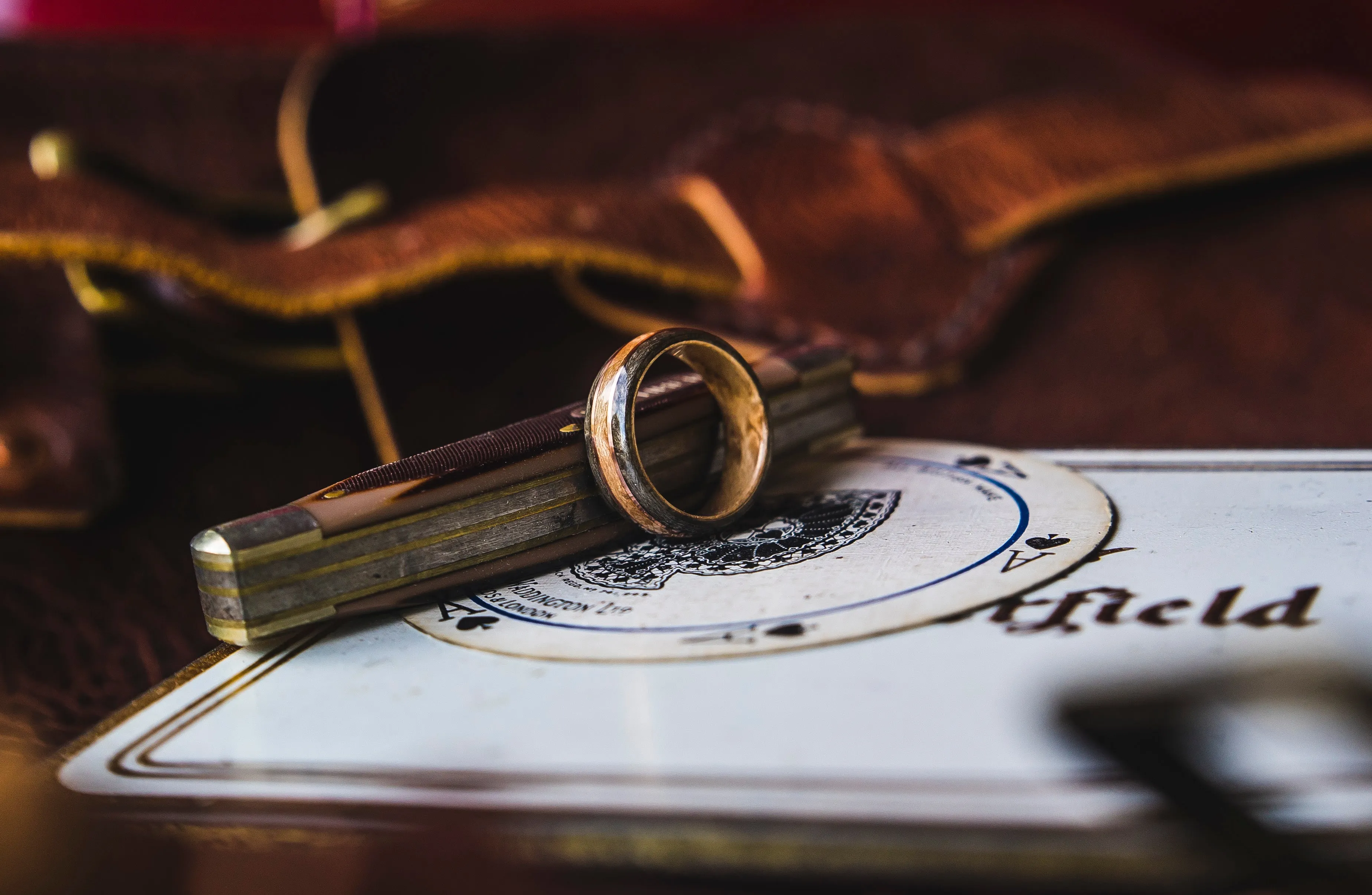 Mens Wedding band featuring Birds eye maple, Grey maple and Copper inlay