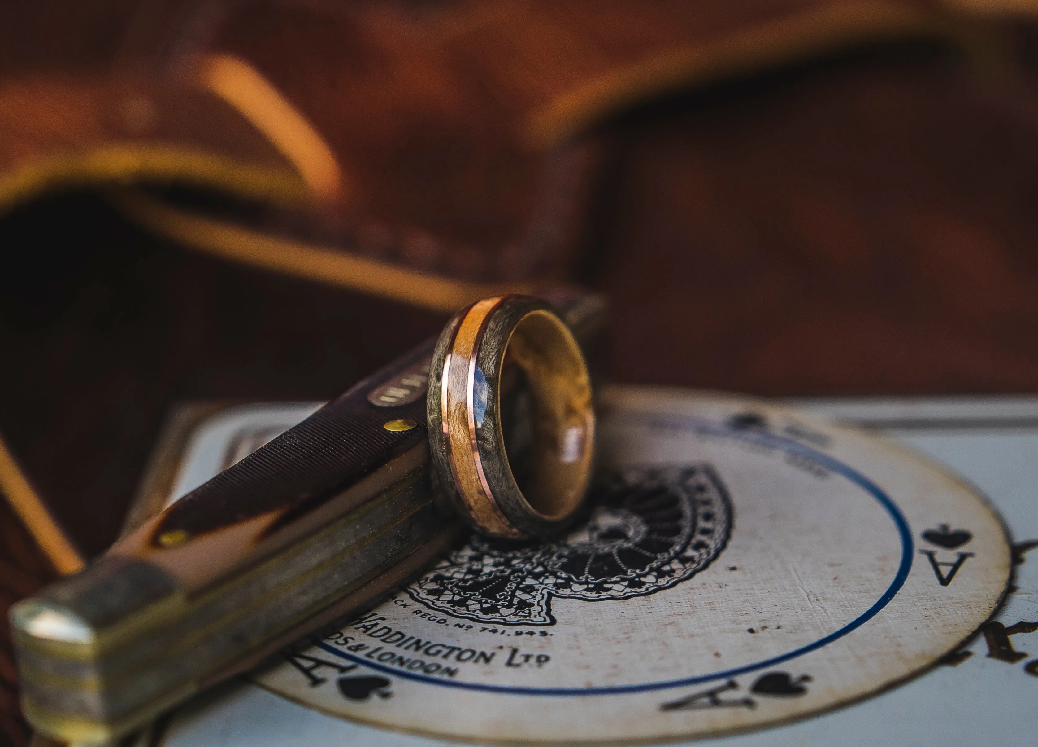 Mens Wedding band featuring Birds eye maple, Grey maple and Copper inlay