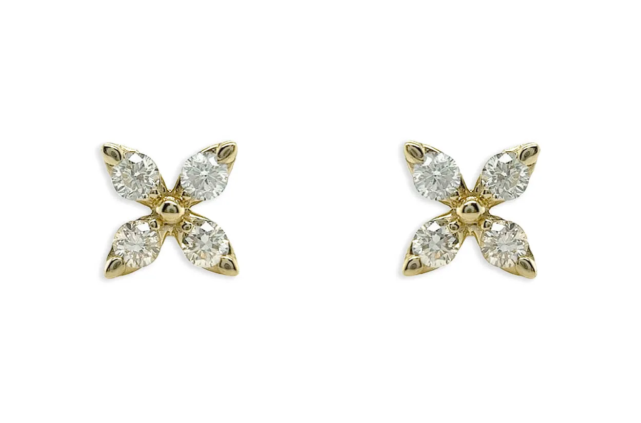 Mini Earrings 14kt Gold Flower & Four Diamonds Studs