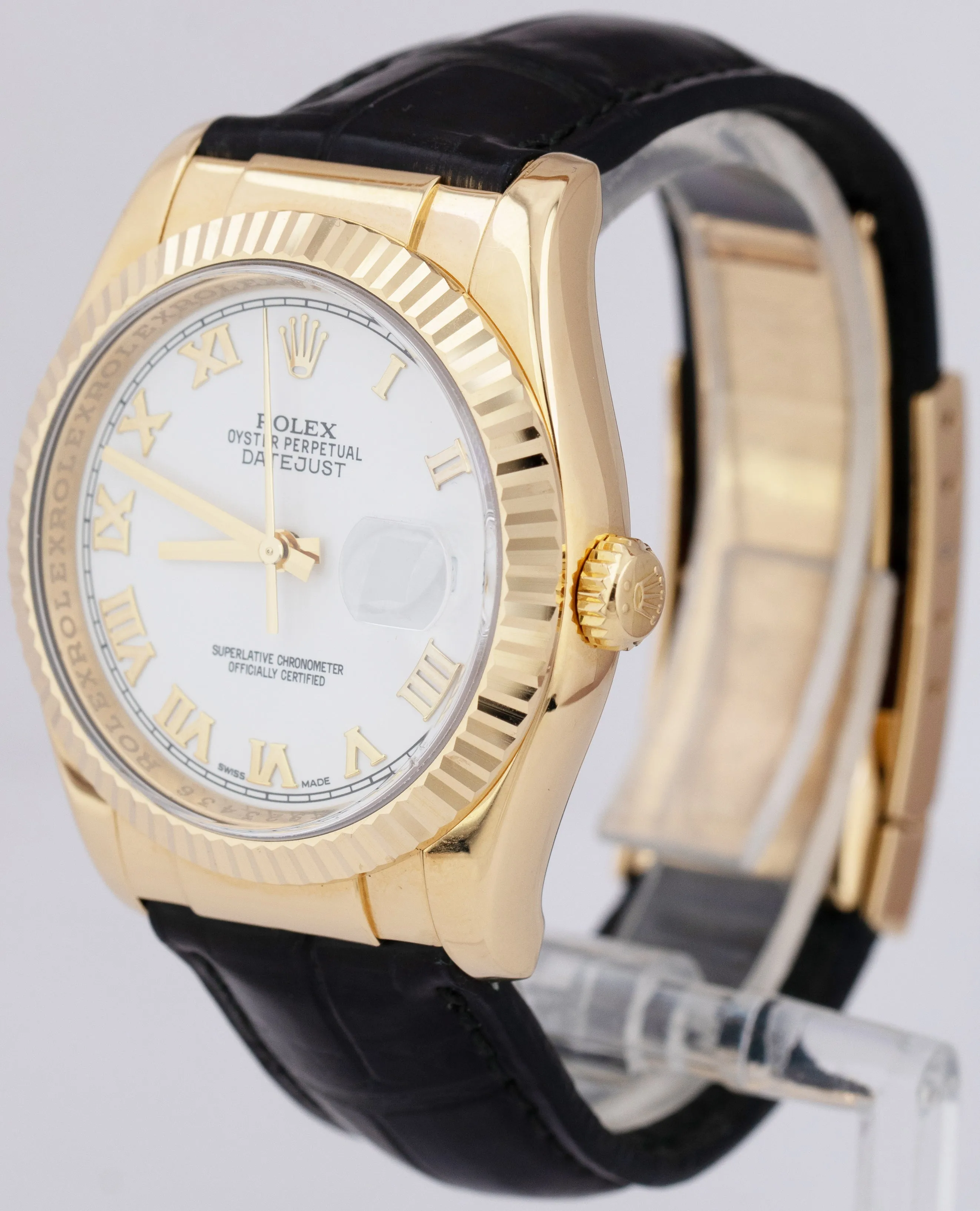 MINT Rolex DateJust 36mm White Roman Numeral 18K Yellow Gold Fluted Watch 116138