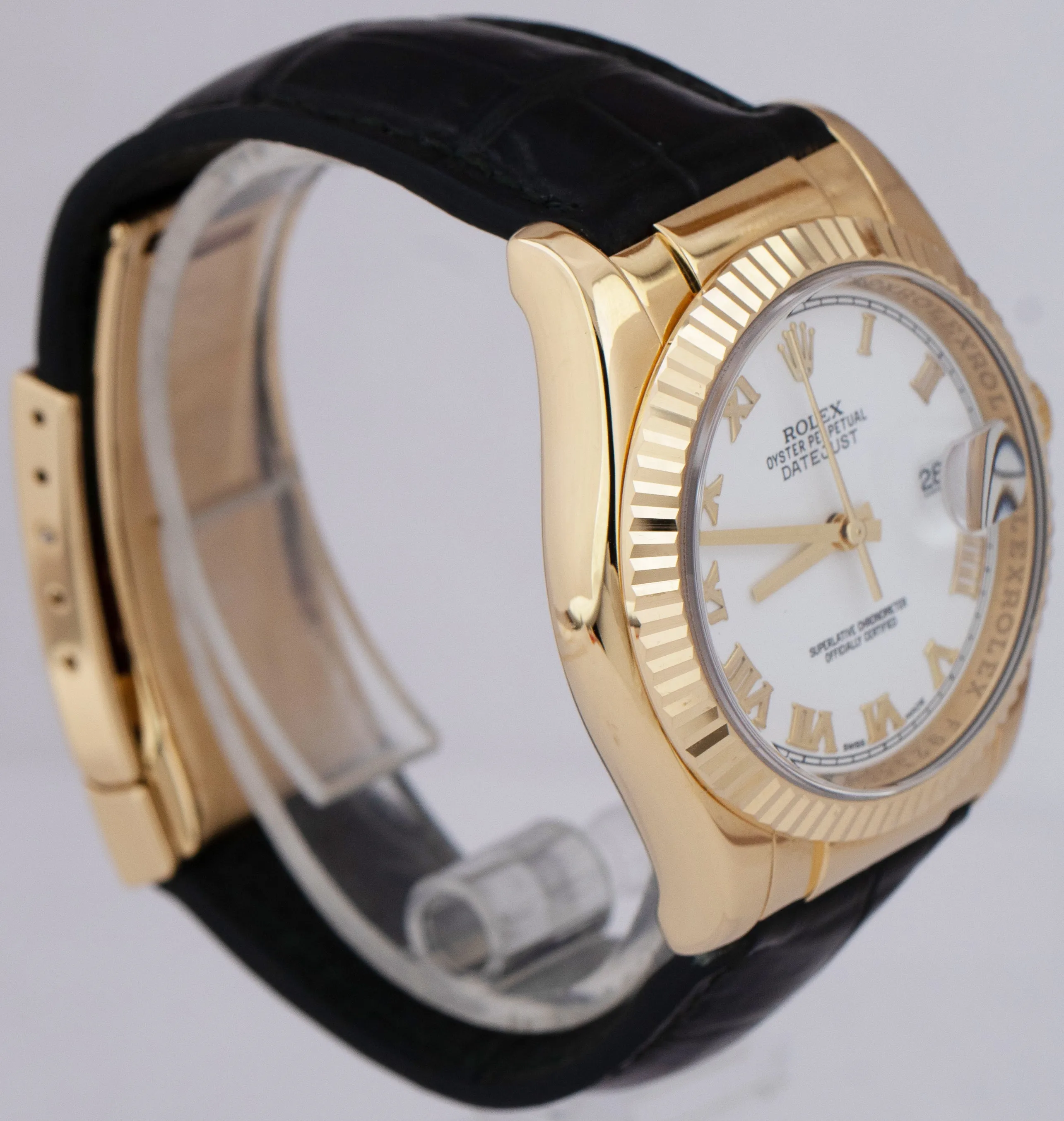 MINT Rolex DateJust 36mm White Roman Numeral 18K Yellow Gold Fluted Watch 116138